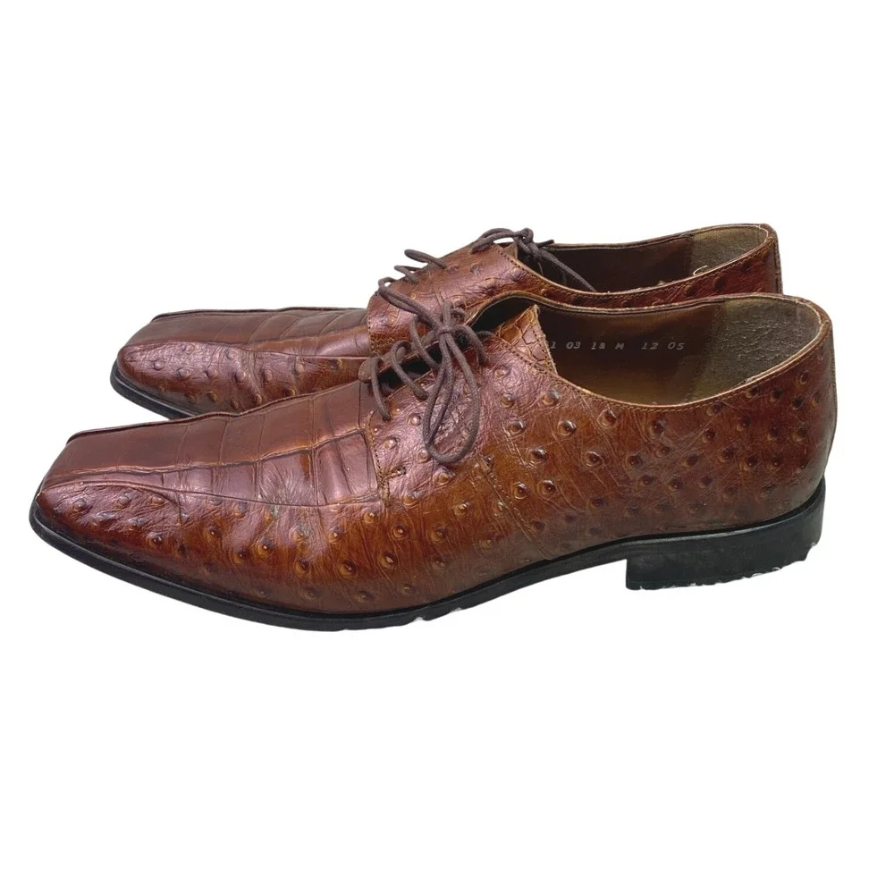 Stacy Adams Shoes Mens 13M Brown‎ Leather Ostrich Embossed Square Toe Oxford
